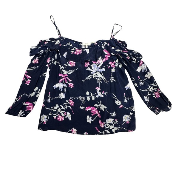 Joie Tops - Joie Blouse Womens Small Blue Floral Silk Cold Shoulder Ruffle Top Long Sleeve